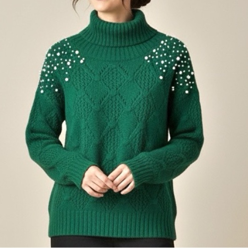Kelly Green Cable Knit Sweater Pearl Embellished Turtleneck Jolio & Co Size Med